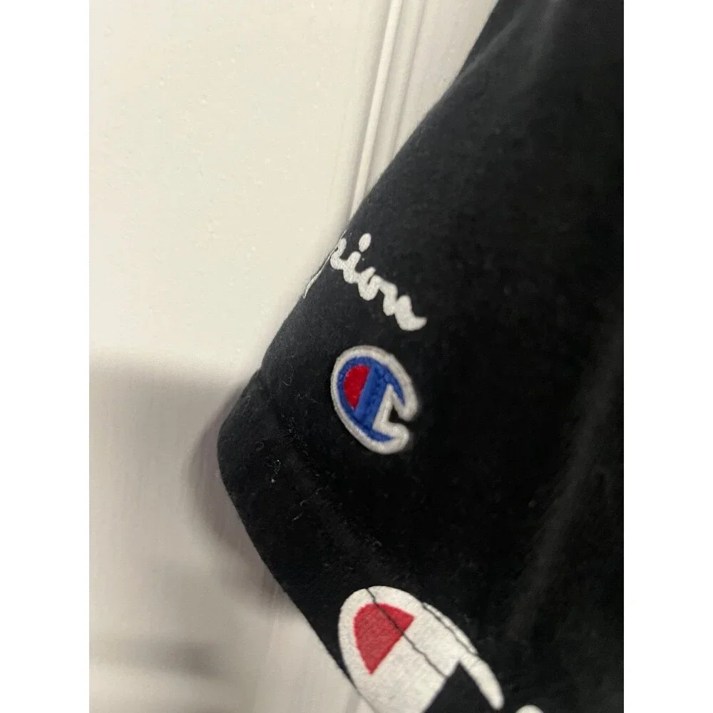 Vintage Champion All Over Print Logo T-Shirt Black Graphic Tee Size Large - Picture 4 of 5